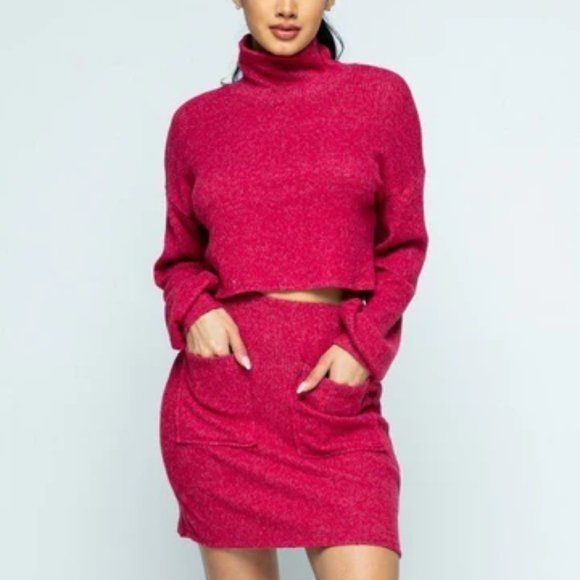 Other - Brushed Knit Mock Neck Drop Shoulder Top With Front Pocket Mini Skirt Set